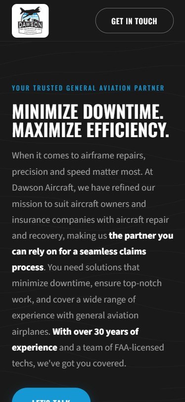 Dawson Aircraft mobile website built by Lingo, Arkansas general aviation repair and recovery web design