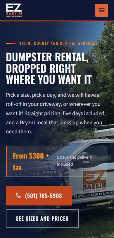 EZ Haulin Dumpster Rentals mobile website built by Lingo, Saline County dumpster rental web design