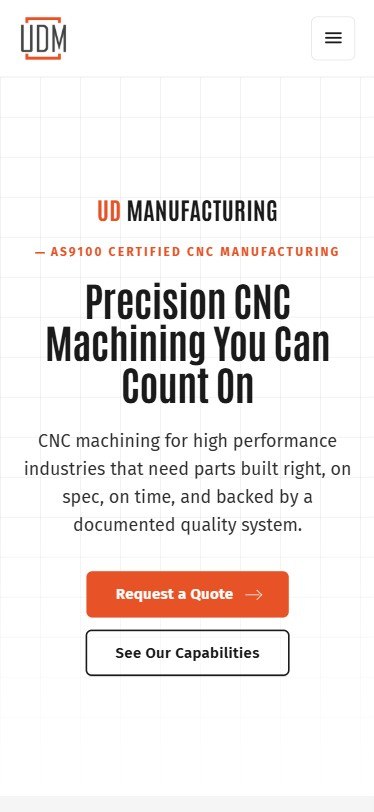 UD Manufacturing mobile website built by Lingo, Central Arkansas AS9100 CNC machining web design