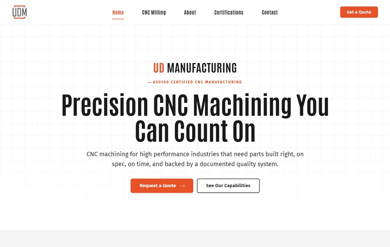 UD Manufacturing website built by Lingo, Central Arkansas AS9100 CNC machining web design